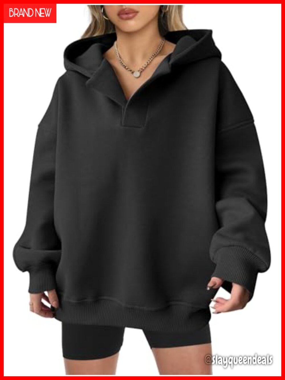 Oversized V Neck Hooded Sweatshirt Long Sleeve Pullover Y2K